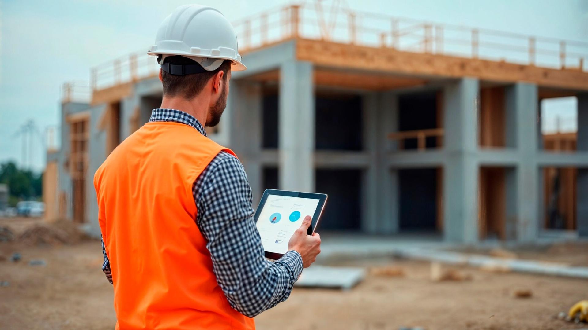 Person with tablet and hard hat at construction site