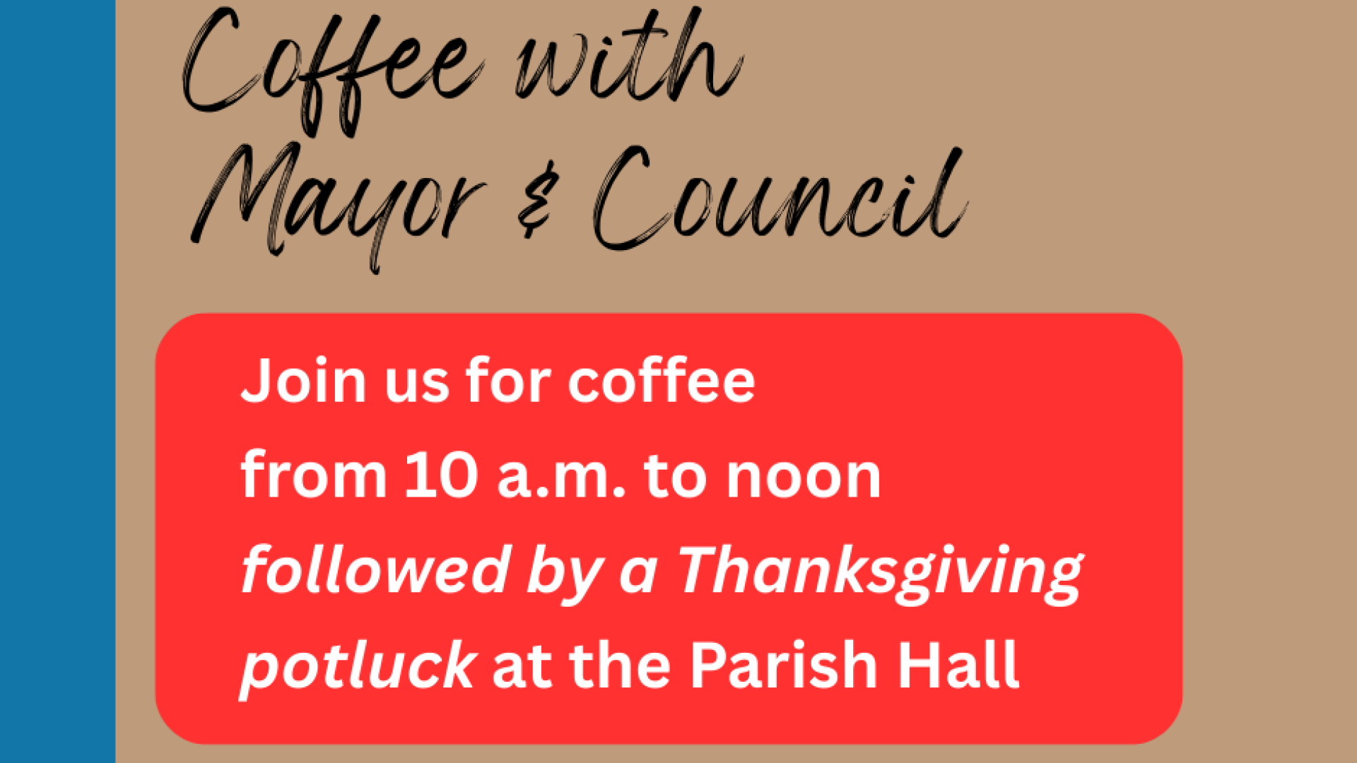 Coffee with Mayor & Council and Thanksgiving potluck lunch graphic