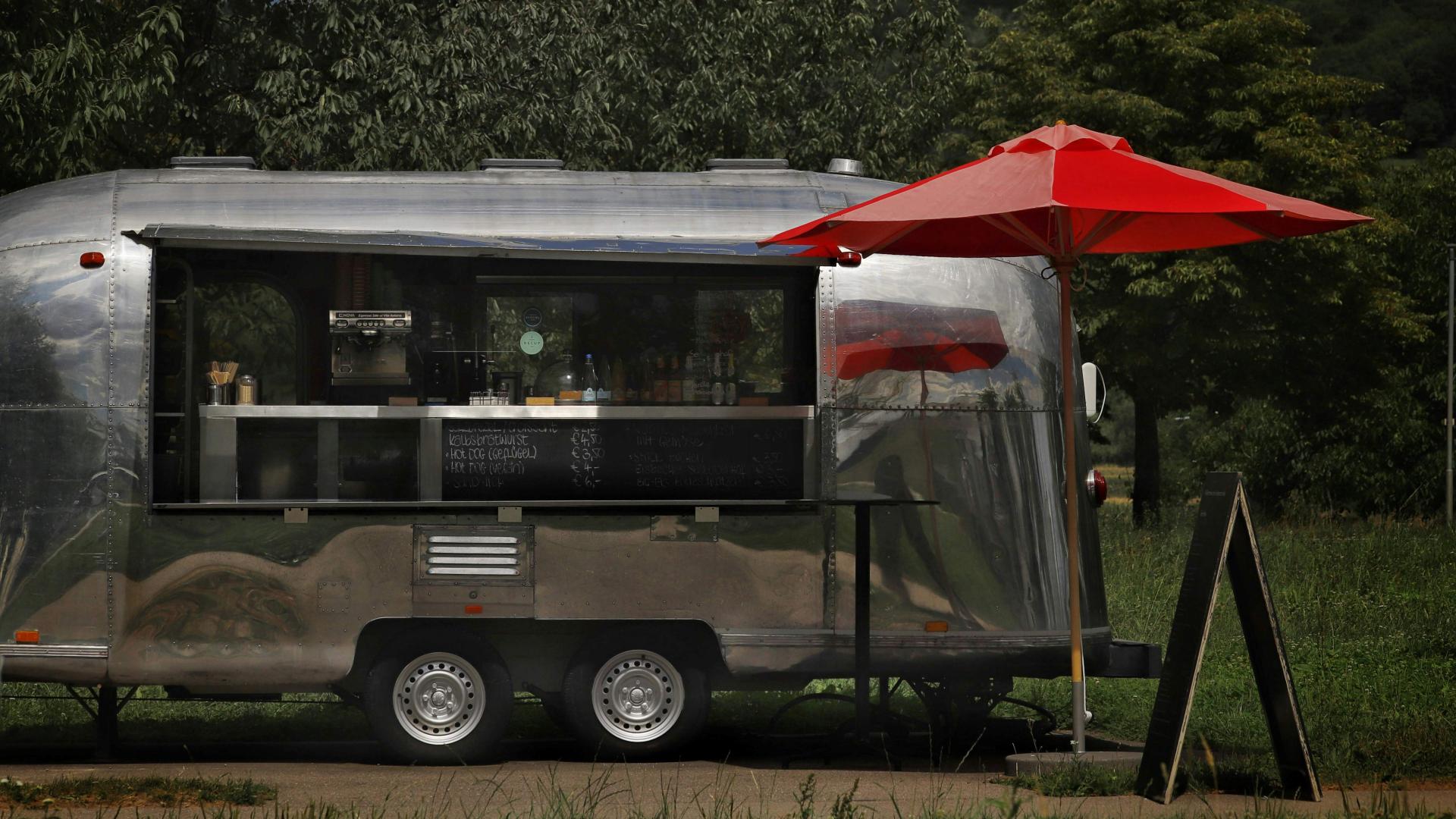 Food truck and red umbrella