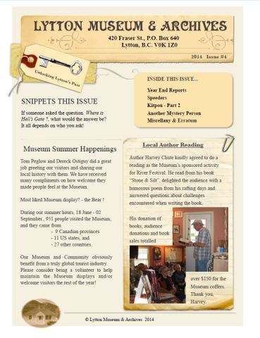 2014 archived newsletter cover - Lytton Museum & Archives