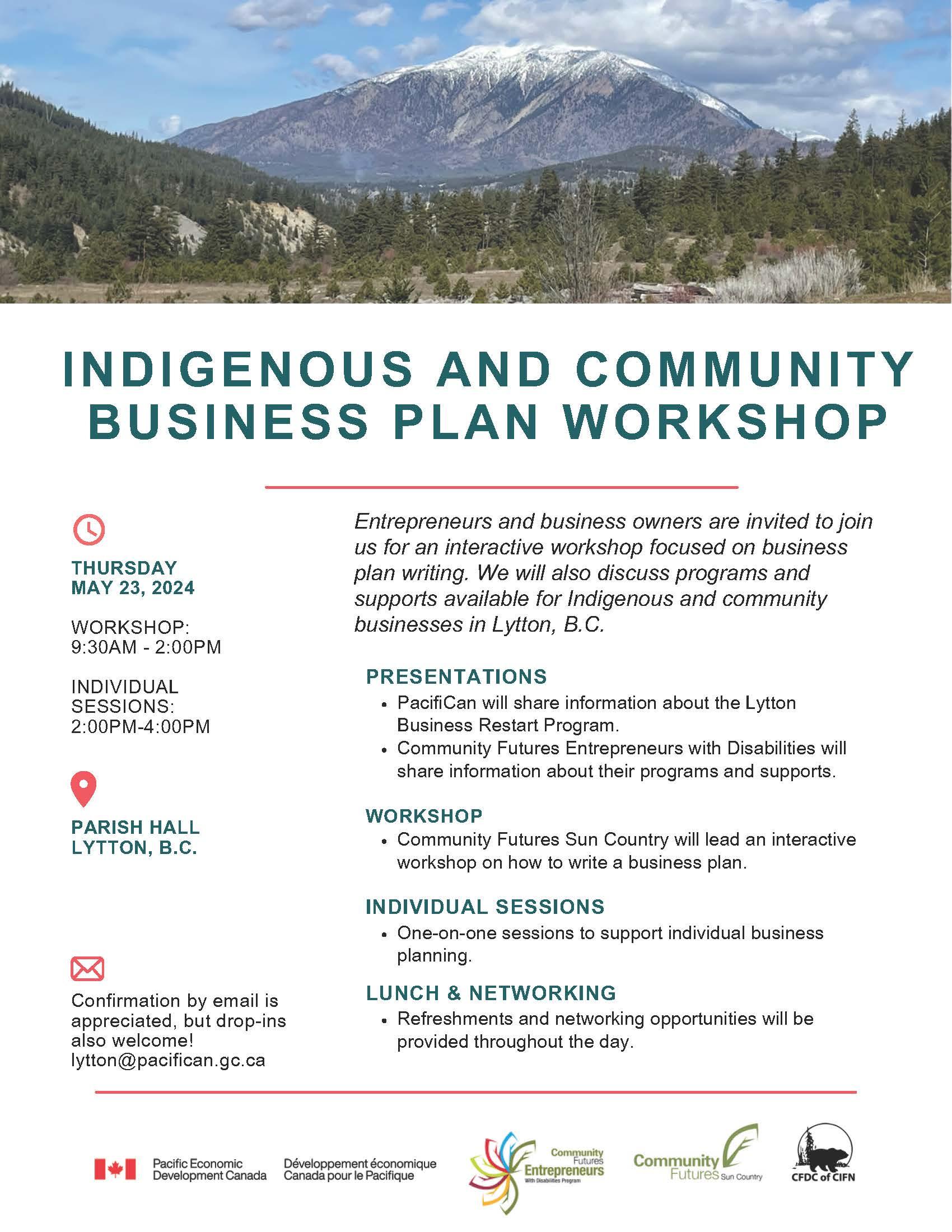 Poster for an Indigenous and Community Business Plan Workshop in Lytton, B.C., on May 23, 2024.