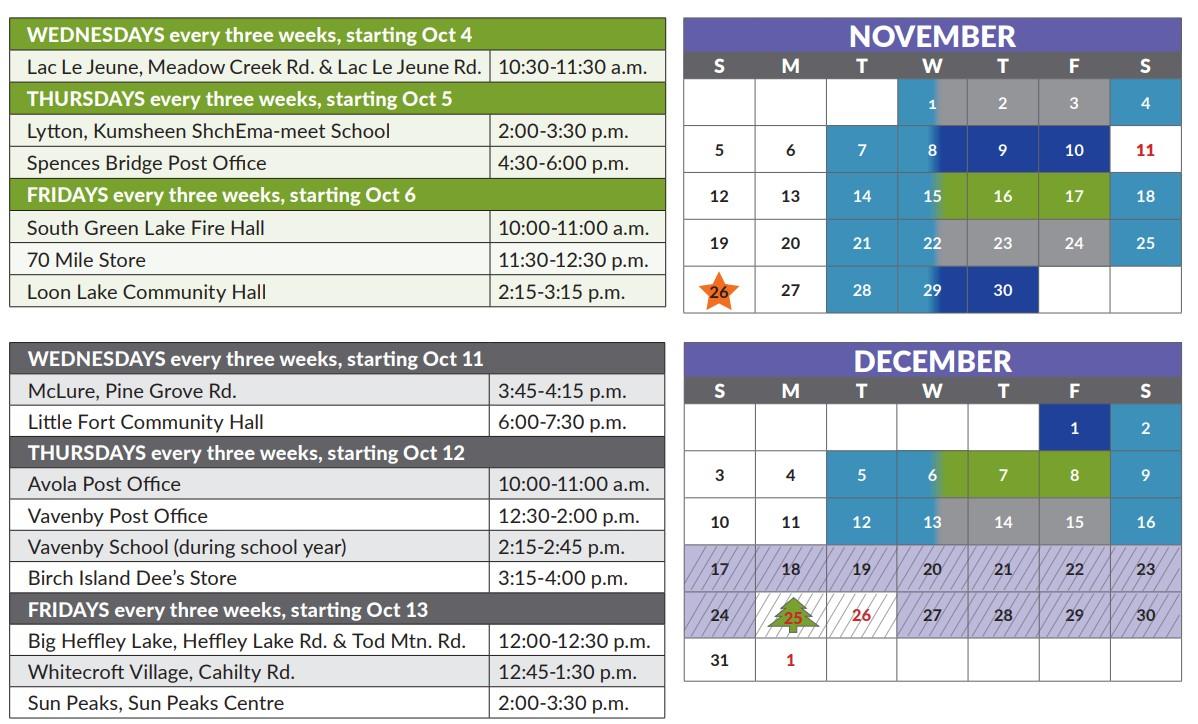 Library schedule and calendar for mobile library visits.