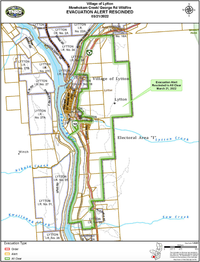 Map of Lytton showing evacuation alert rescinded as of March 21, 2022.