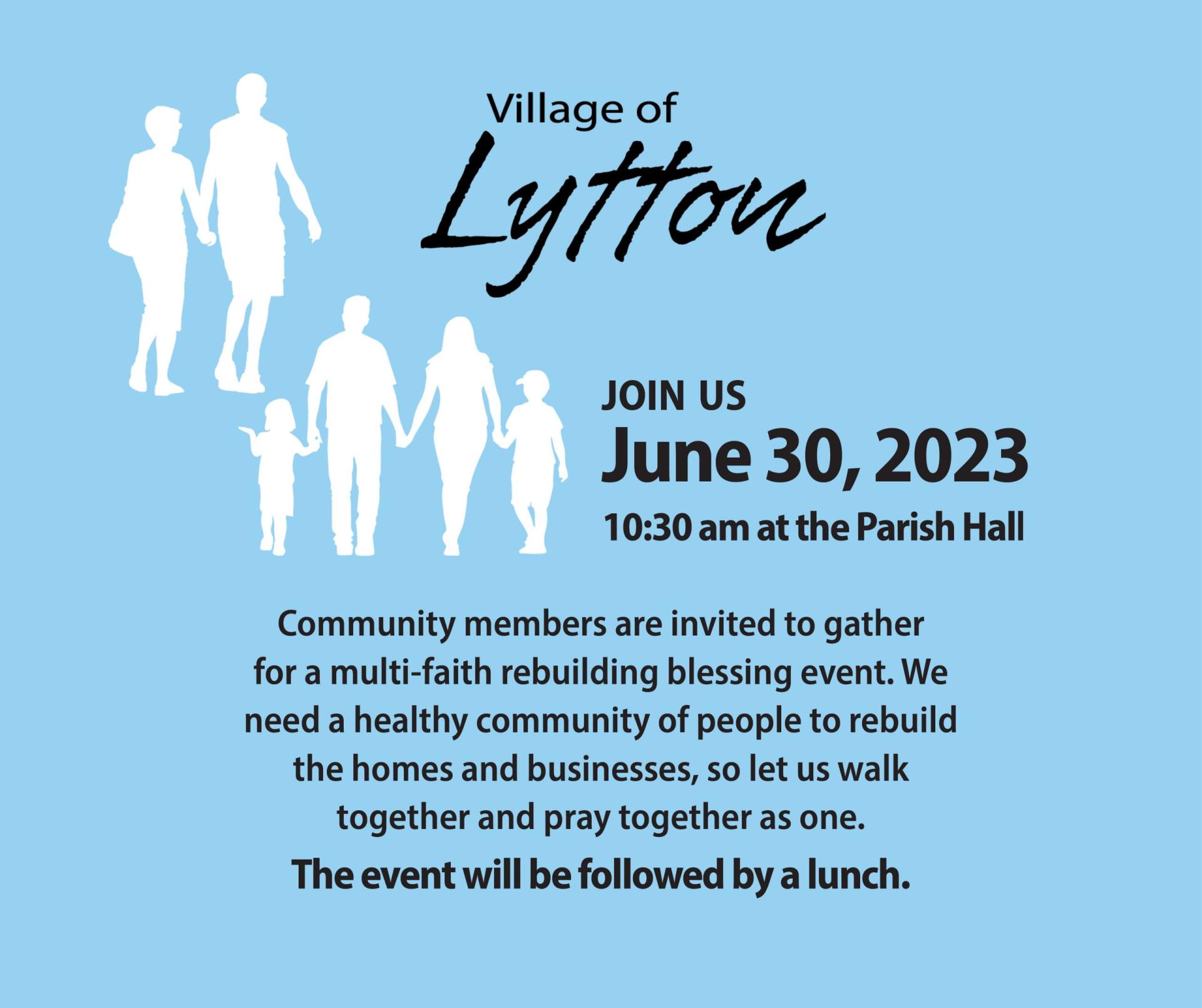 Flyer inviting Lytton community members to a rebuilding blessing event on June 30, 2023.