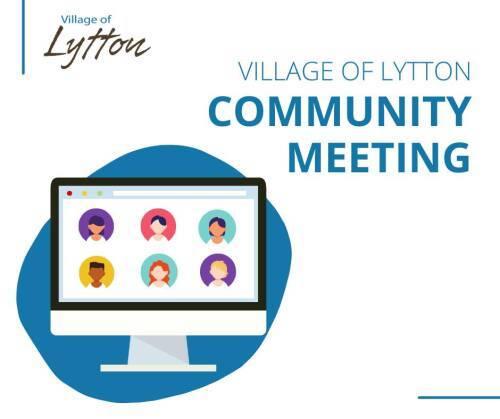 Graphic for Village of Lytton community meeting with diverse participant icons on a computer screen.