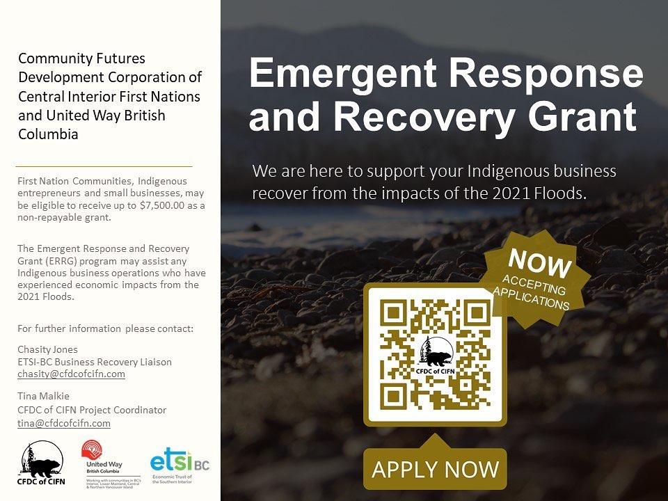 Flyer for the Emergent Response and Recovery Grant supporting Indigenous businesses.