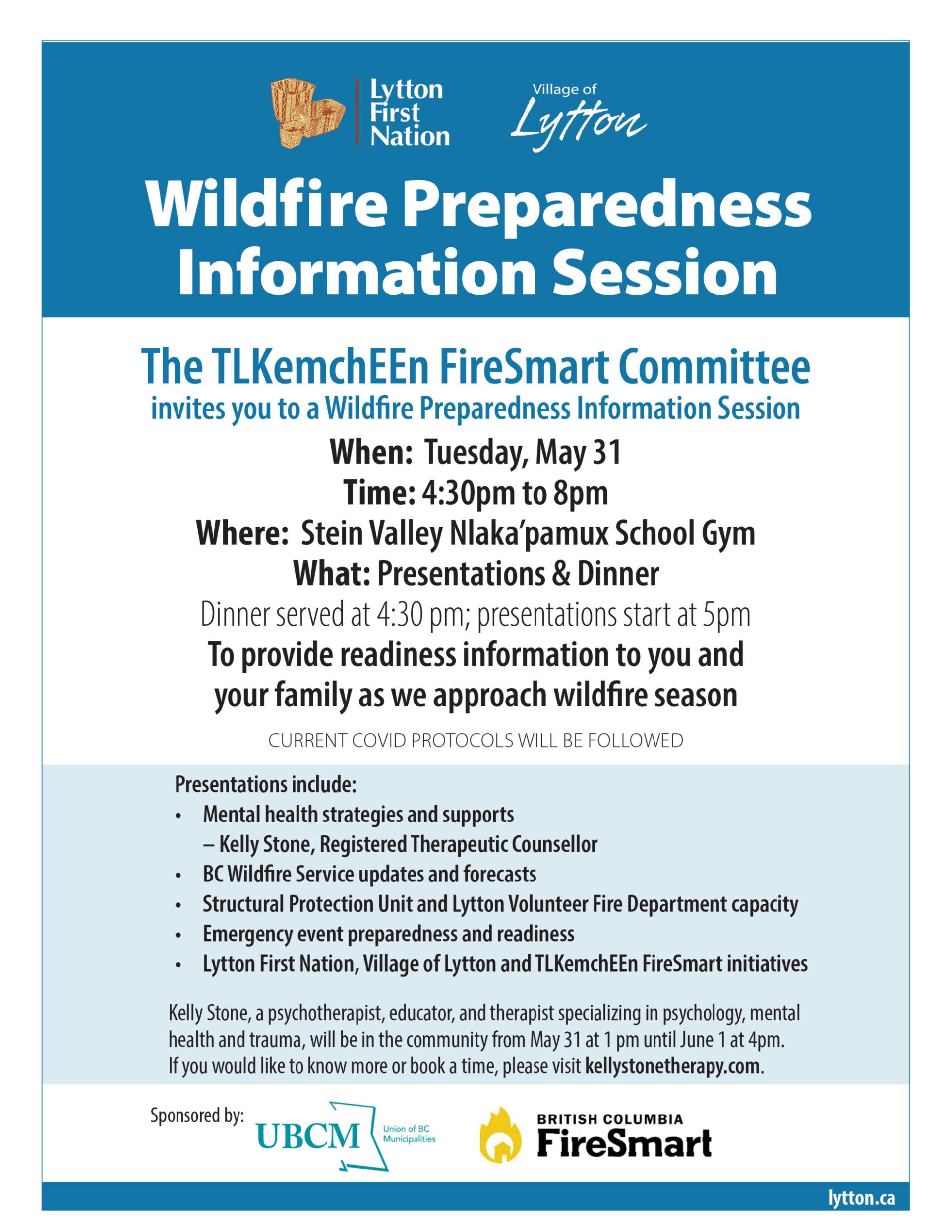 Detailed flyer for TLKemchEEn FireSmart Committee's session on May 31 featuring fire service updates and emergency preparedness.