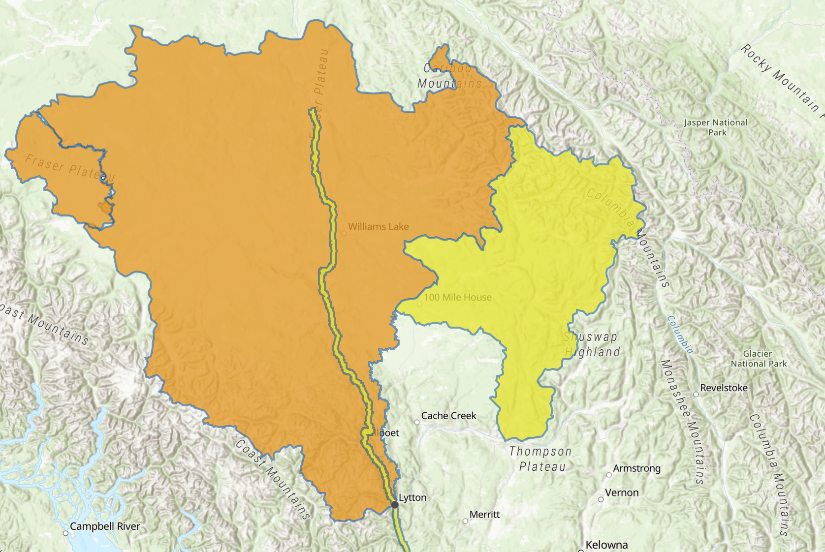 Map highlighting flood watch zones in British Columbia with areas of elevated risk levels.