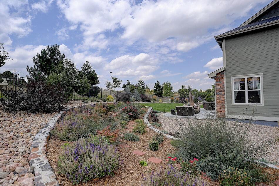 A landscaped yard demonstrating xeriscaping techniques.